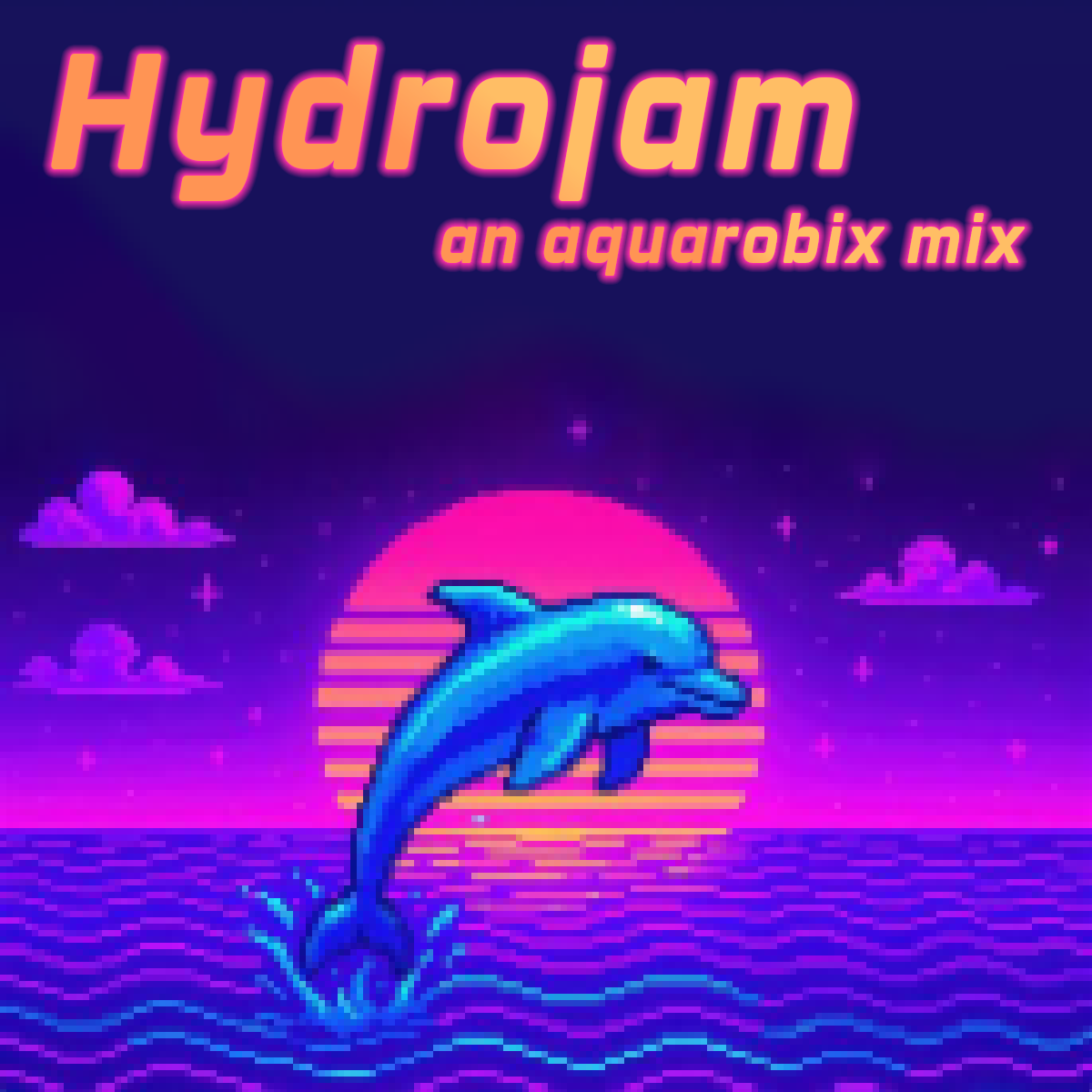 a pixel art image of a dolphin leaping in front of a sunrise